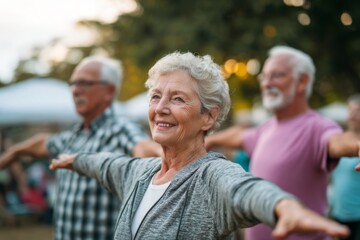 Seniors engage in a group exercise session in a park, with smiles and outstretched arms. The event takes place during sunset, surrounded by greenery and fellow participants