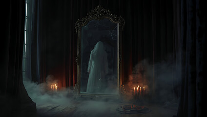 Eerie Reflection A Ghostly Figure in an Antique Mirror Surrounded by Candles and Shadowy Curtains
