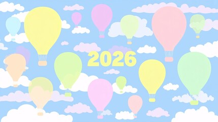 whimsical illustration of the numbers 2026 as hot air balloons, floating gently in a pastel-colored sky filled with fluffy clouds. Each number is a different pastel shade. The scene evokes a 