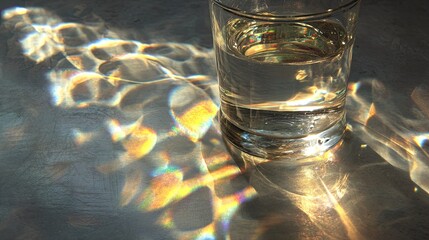 Glass of water, sunlit reflections