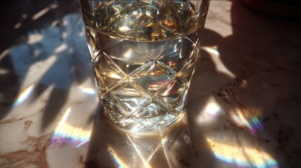 Glass of liquid, sunbeams, marble table