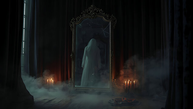 Eerie Reflection A Ghostly Figure in an Antique Mirror Surrounded by Candles and Shadowy Curtains