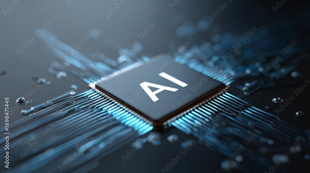 Poster glowing artificial intelligence chip embedded in a circuit board, representing the immense power and