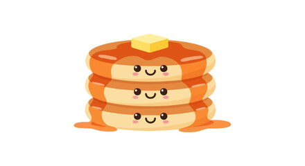 Cute cartoon stack of pancakes with syrup and butter, smiling faces.