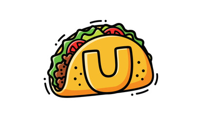 Taco with the letter U, cartoon style, filled with meat, lettuce, and tomatoes.