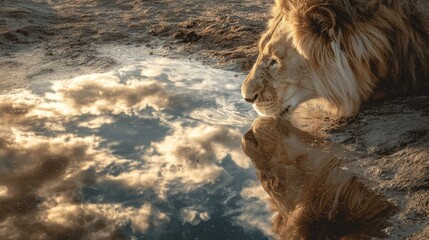 Majestic lion drinks, reflecting clouds