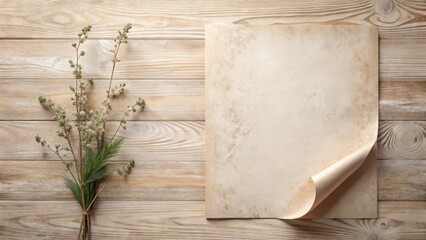Rustic Wooden Surface with Dried Flowers and Aged Paper Ready for a Personalized Message