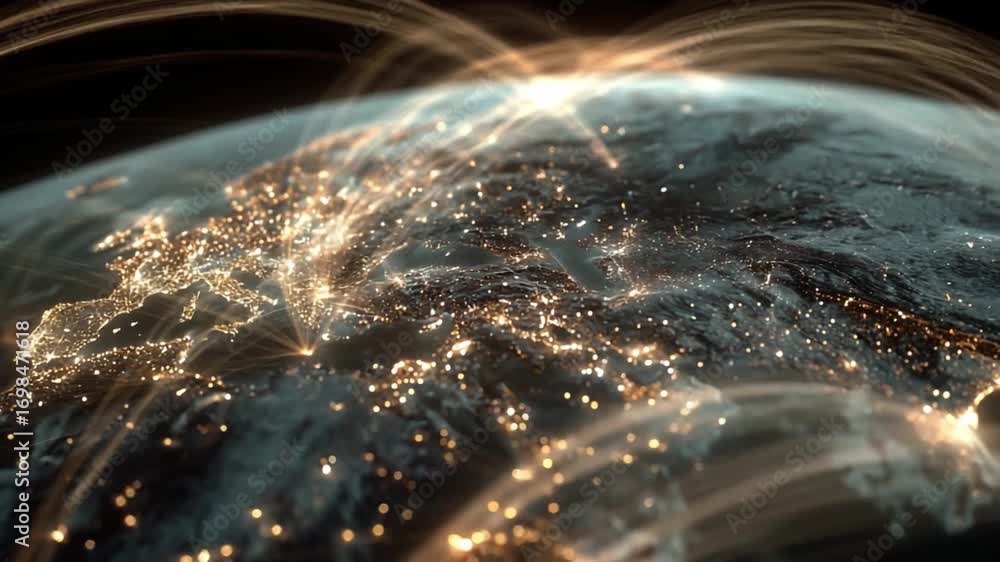 Poster global connections: a captivating aerial view of planet earth showcases a network of glowing lights 
