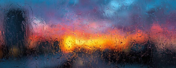 Colorful sunset seen through a rain-streaked window