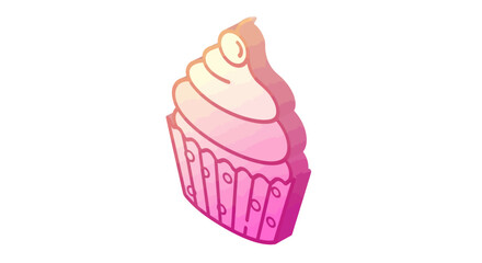 A stylized pink cupcake with swirled frosting and a topping.