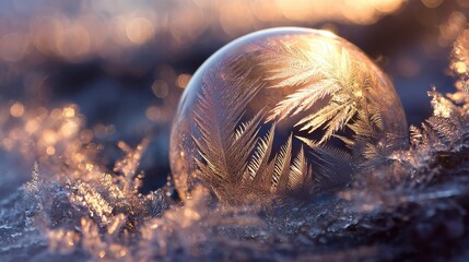 Frozen soap bubble, sunlit frost