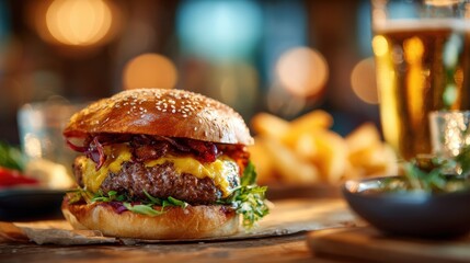 High Definition View of Hamburger on Table in Restaurant