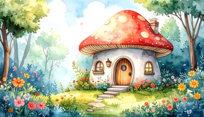 Watercolor fairy house in a forest glade