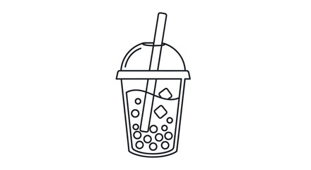 Bubble Tea Line Art Illustration with Straw and Tapioca Pearls.