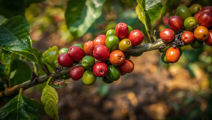 Vibrant coffee cherries ripening on branch offer promise of rich harvest and delicious caffeine boost