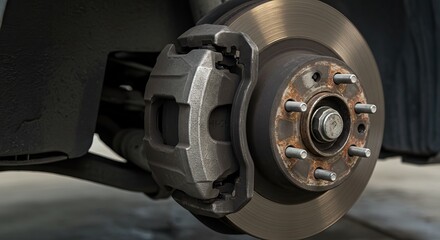 A cars brake disc caliper and wheel studs are captured in closeup revealing rust and wear
