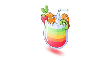 Colorful Layered Cocktail Drink with Fruit Garnish and Straw.