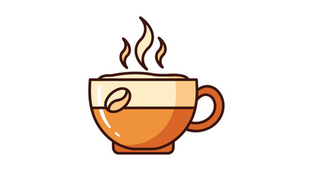 A simple cartoon illustration of a steaming hot cup of coffee with frothy foam and a bean logo.