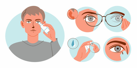 Man applying eye drops and close up illustrations of eye care and vision correction steps