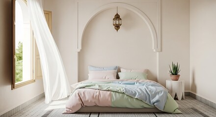 Fototapeta premium Serene bedroom interior with Moroccan inspired archway, pastel colored bedding, and natural light flowing through an open window with sheer curtain.
