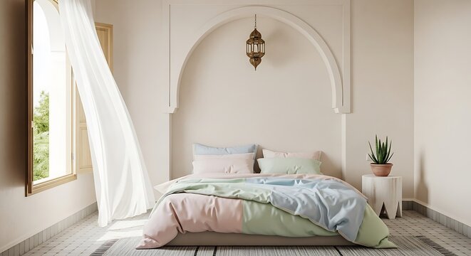 Serene bedroom interior with Moroccan inspired archway, pastel colored bedding, and natural light flowing through an open window with sheer curtain.