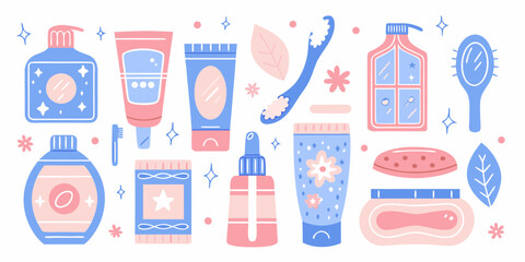 Collection of cute pastel colored skincare and oral hygiene products arranged in a flat design style
