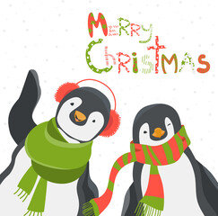 Funny penguins friends celebrating Christmas. Vector illustration