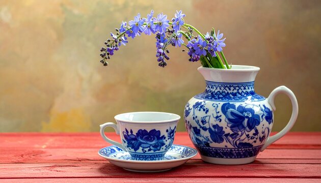Cobalt blue and white handmade ceramic pottery tea cup ald flower vase in floral pattern. 