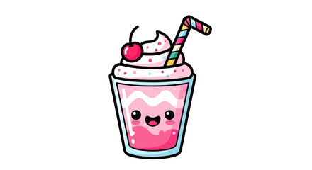 Cute Pink Cartoon Milkshake with Cherry and Striped Straw.