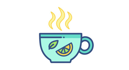 Stylized icon of a hot cup of herbal tea with lemon and mint.