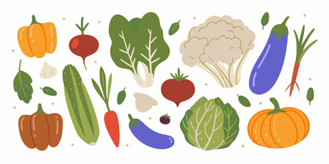 A vibrant collection of fresh hand drawn vegetables arranged in a playful pattern on a white background