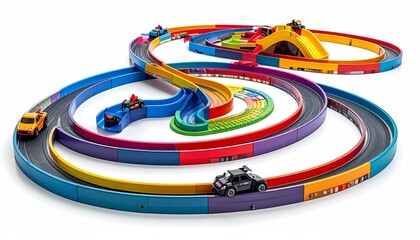 Obraz premium Racing track toy set with loop ramps multiple miniature cars durable plastic construction bright vibrant colors designed for competitive fun and entertainment for kids isolated on white background 