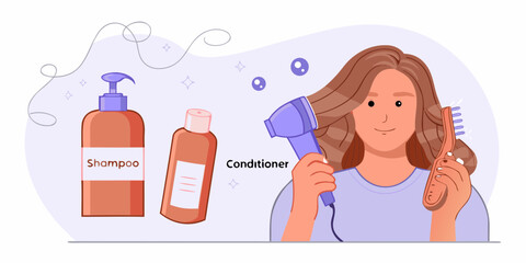 Woman drying and styling her healthy hair with shampoo and conditioner products nearby