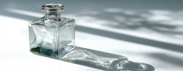 Clear glass cube bottle casts a shadow
