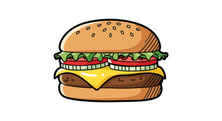 A classic cartoon cheeseburger illustration with fresh lettuce, tomato, onion, and melted cheese.
