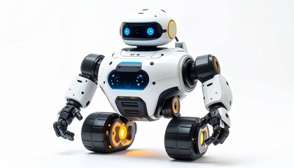 Remote control robot toy with articulated arms movable legs LED lights futuristic design strong plastic body and advanced interactive play features for kids isolated on white background
