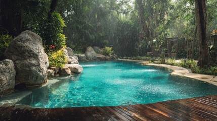 Tropical pool oasis with rocks and wooden deck