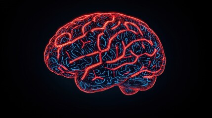 A vivid, digital representation of a human brain with glowing red and blue neural pathways against a dark background.