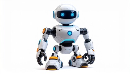 Remote control robot toy with articulated arms movable legs LED lights futuristic design strong plastic body and advanced interactive play features for kids isolated on white background

