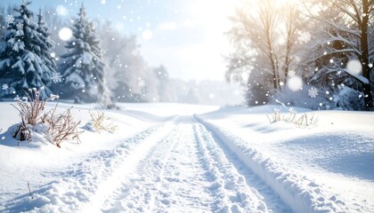 Snow-covered road in a winter landscape with sunlit trees and softly falling snowflakes