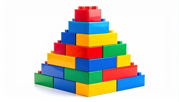 Bright plastic building block tower constructed with multiple shapes and sizes featuring vibrant primary colors durable design creative learning educational toy set isolated on white background
