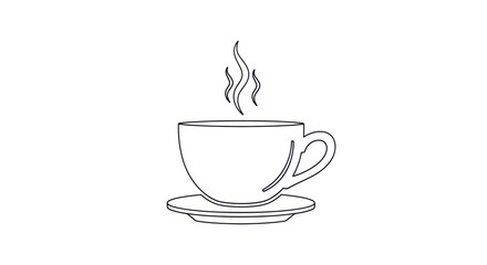 Simple Line Drawing of a Steaming Coffee Cup and Saucer.