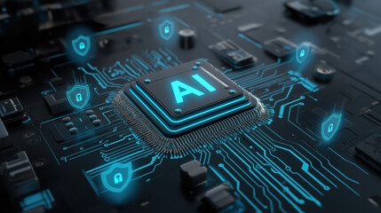 Glowing AI core on dark circuit board with padlocks and digital shield icons in neon blue cybersecurity theme