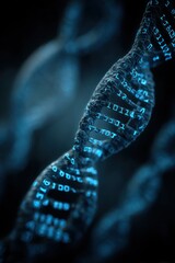 A detailed close-up view of a DNA helix structure, intricately designed with glowing binary code, highlighting a futuristic and scientific theme.