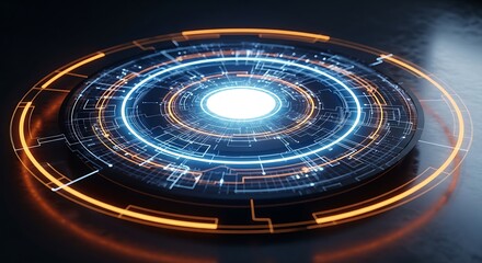 Futuristic holographic circular interface with glowing blue and orange rings.
