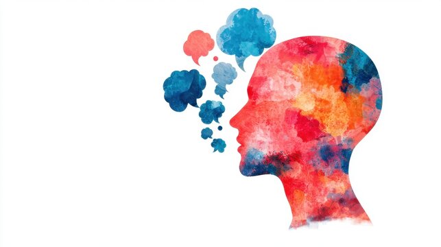 A colorful silhouette of a head with vibrant thought bubbles, representing creativity and imagination. - Powered by Adobe