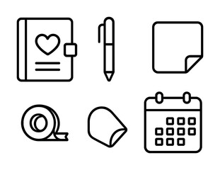 Minimalist office supplies icon set with notebook pen sticky note tape paper and calendar