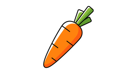A simple cartoon illustration of a bright orange carrot with a green leafy top.