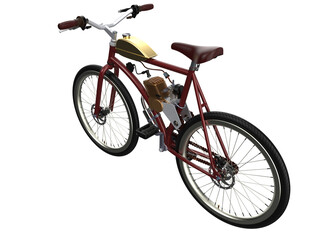 Retro Engineering Charm: Vintage Motor-Assisted Cycle with Maroon Frame and Golden Tank. Isolated HD PNG for Nostalgic Transport, Classic Design Elements, Web Marketing, and Advertising Campaigns.