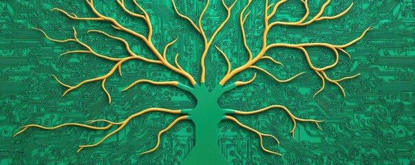 A digital artwork depicting a tree with circuit-like branches on a green background, symbolizing the fusion of nature and technology.